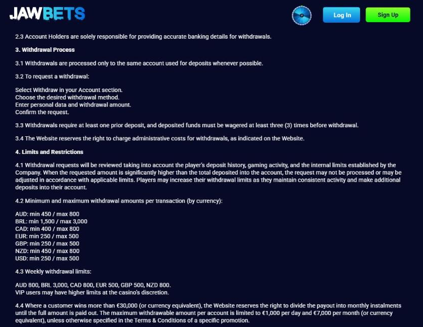jawbets withdrawal limits of 250 to 500 pounds per request and 500 a week