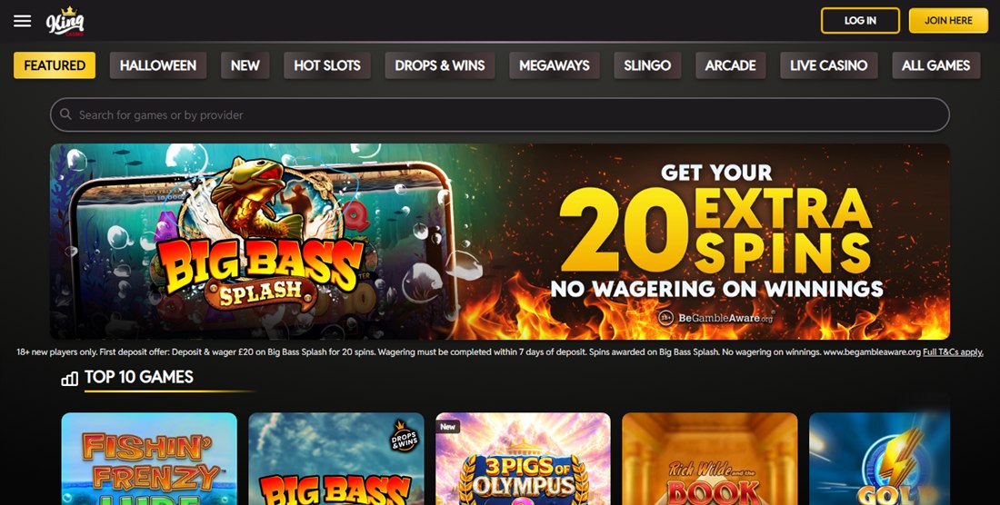 king casino homepage with its menu and big bass splash extra spins offer