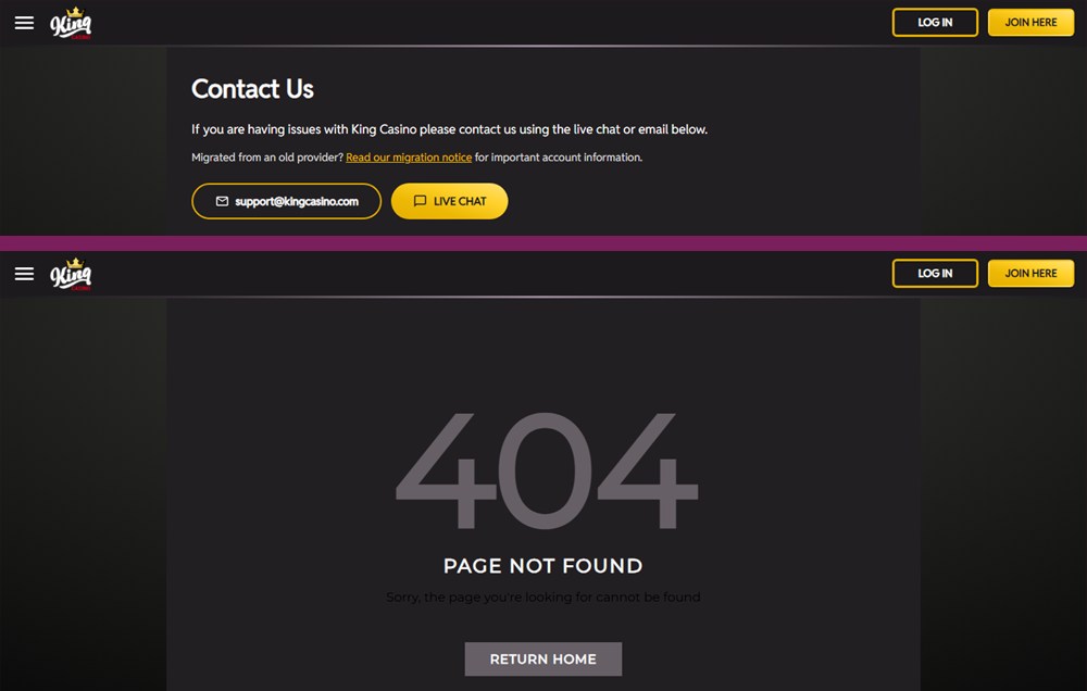 king casino contact page migration notice link leading to a 404 page