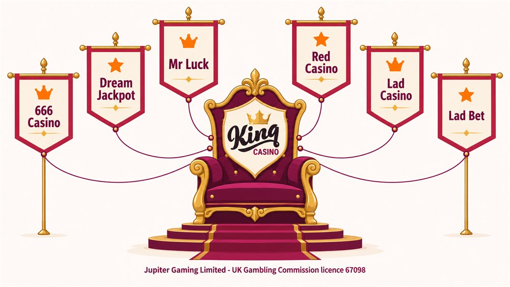 king casino logo on a throne with six banners naming its sister sites