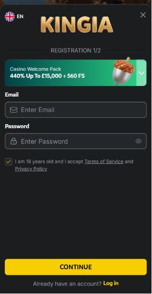 kingia casino sign-up form open to a uk visitor