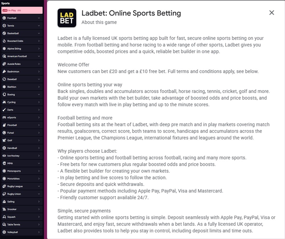 lad bet sports menu without horse racing or cricket beside its google play listing promising both
