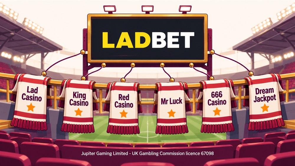 lad bet logo on a stadium scoreboard with six scarves naming its sister sites