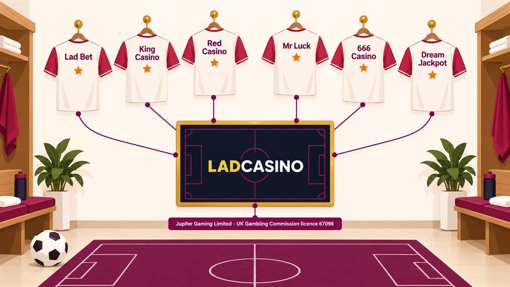 lad casino logo on a tactics board with six shirts naming its sister sites