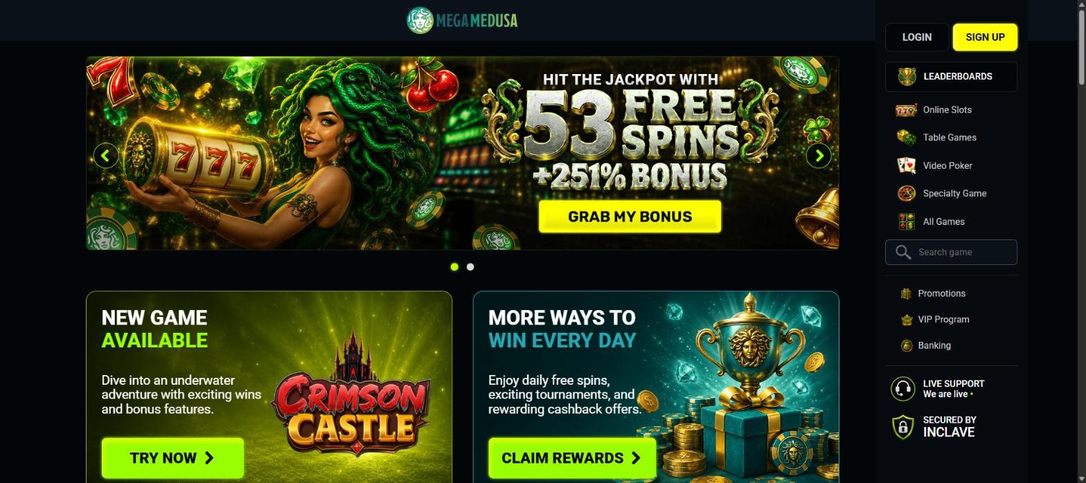 mega medusa casino homepage with its welcome bonus banner