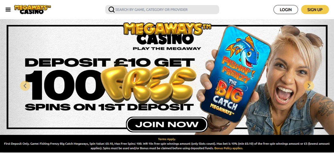 megaways casino homepage with the 100 free spins offer