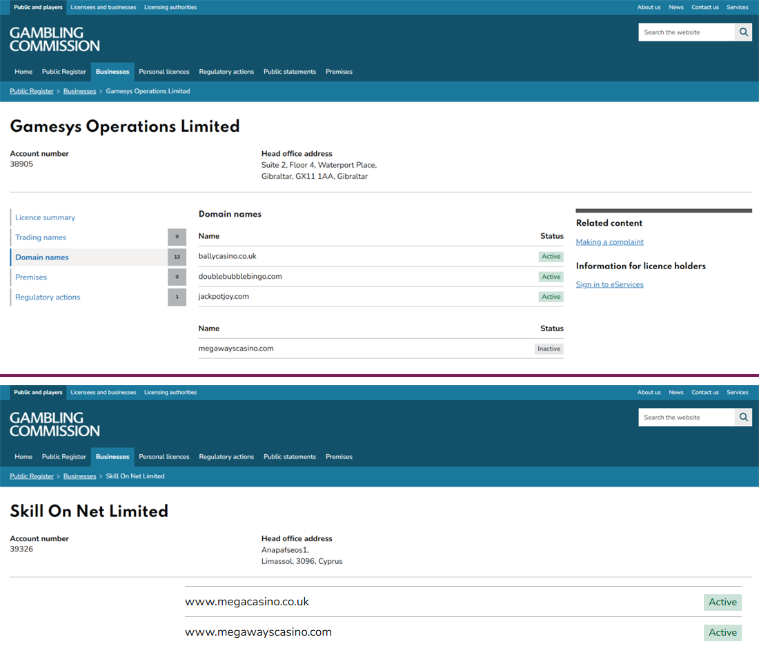 gambling commission register listing megawayscasino.com under gamesys and skill on net