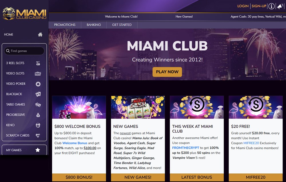 miami club casino homepage with its night skyline