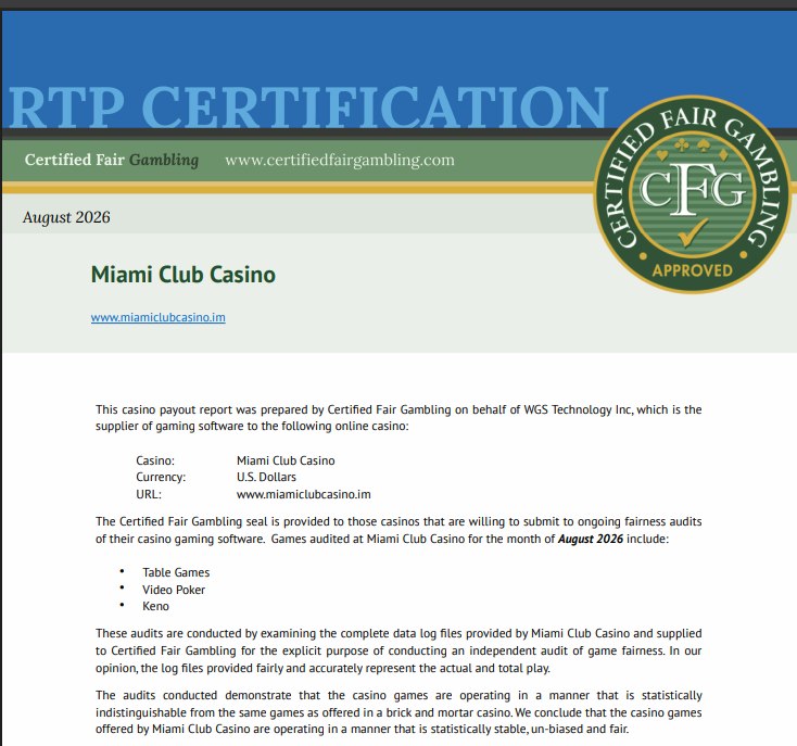 miami club casino august 2026 fairness certificate listing table games video poker and keno