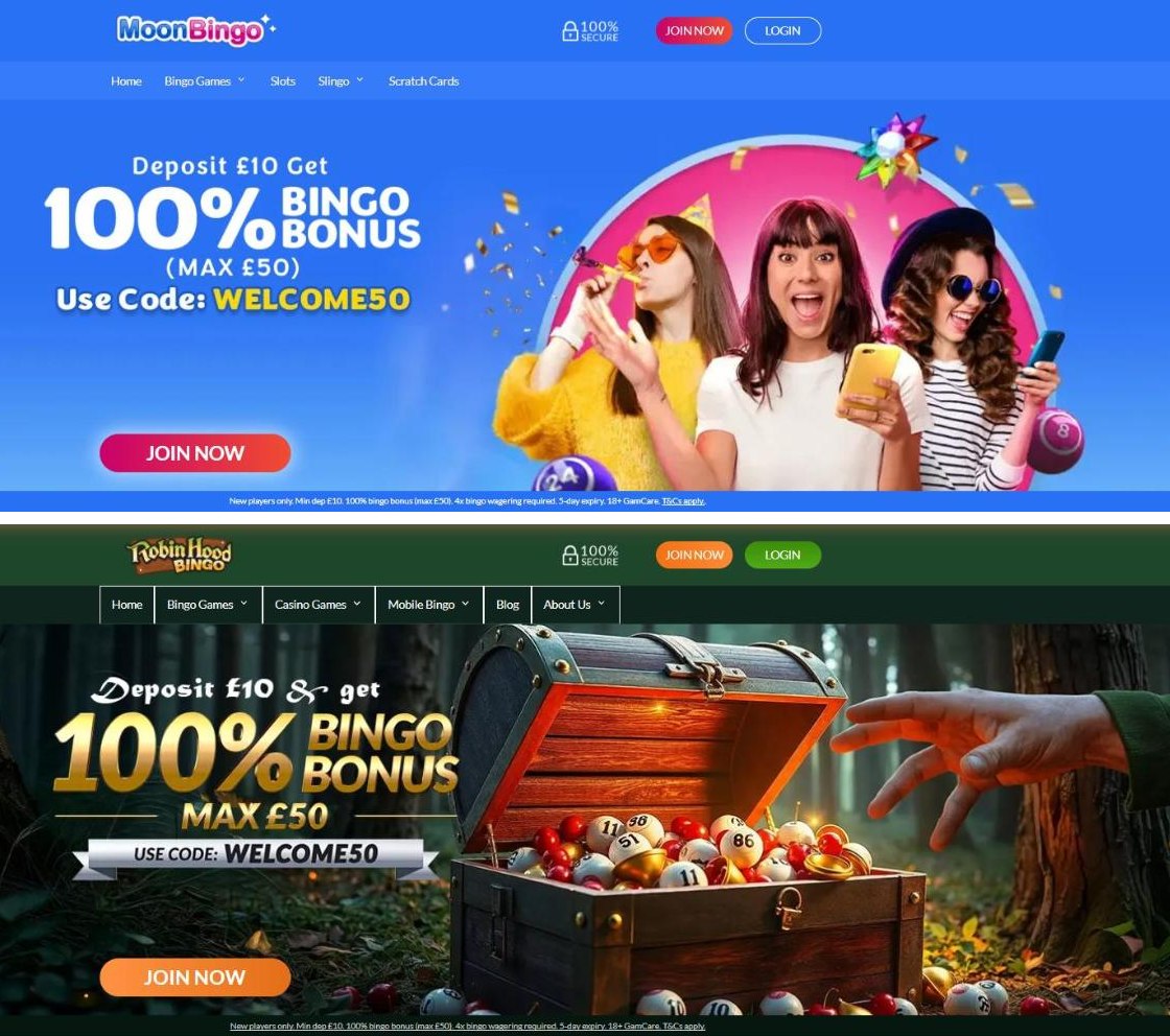 moon bingo and robin hood bingo homepages showing the same welcome50 offer