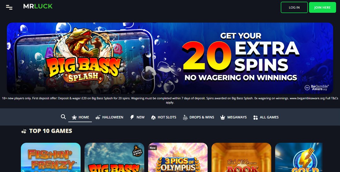 mr luck homepage with its big bass splash extra spins offer