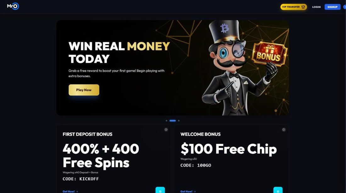 mr o casino homepage with its top-hatted mascot