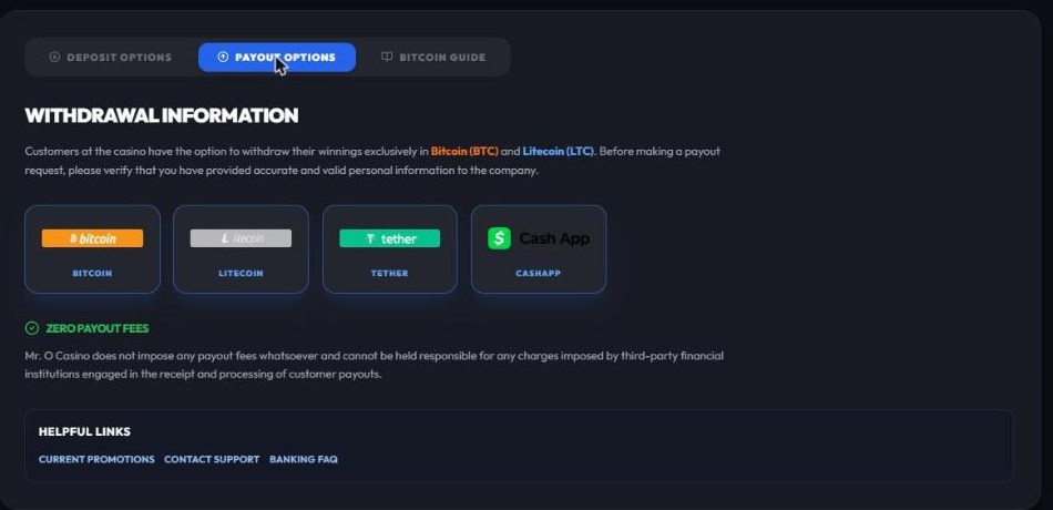 mr o casino payout options page saying withdrawals are bitcoin and litecoin only