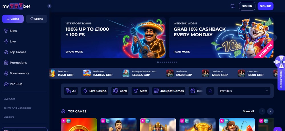 my777bet homepage with neon offers featuring a mariachi guitarist and a tiger