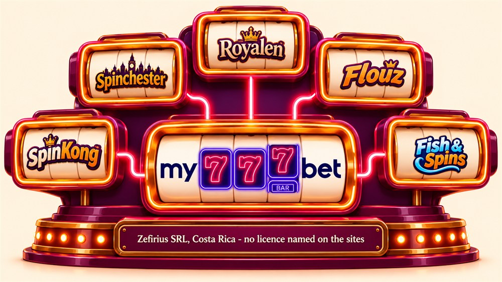 neon slot machine diagram with my777bet in the centre reel and spinkong, spinchester, royalen, flouz and fish and spins around it above a zefirius srl plaque