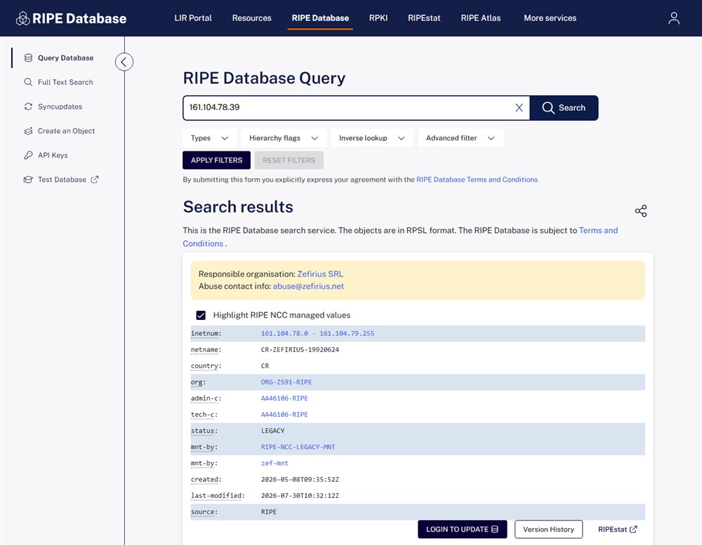 ripe database record for my777bet's server address showing zefirius srl of costa rica as the responsible organisation