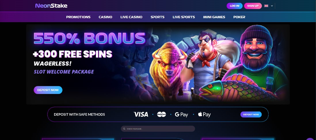 neon stake homepage advertising a 550 percent bonus and 300 wagerless free spins