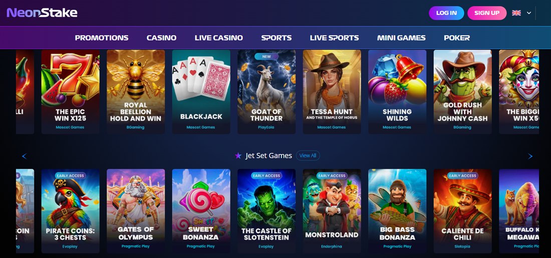 neon stake homepage showing a row of games headed jet set games
