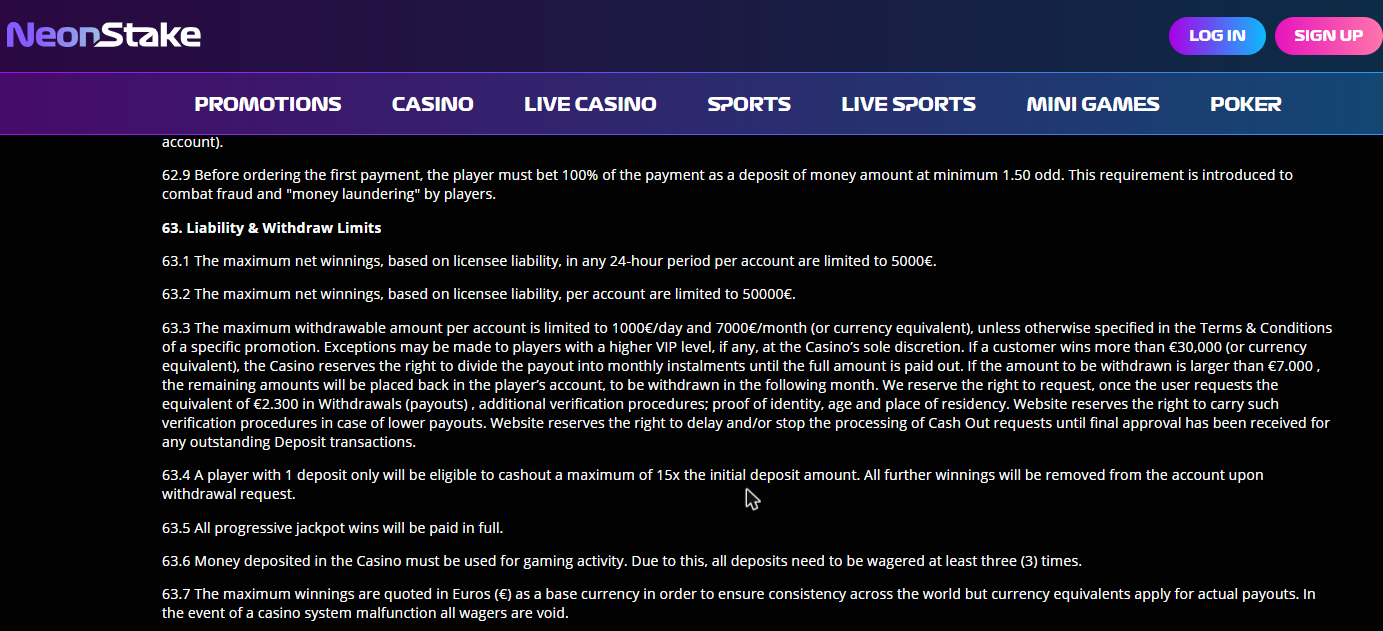 neon stake terms capping net winnings per day and per account