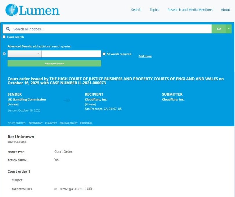 lumen notice of the high court order blocking newvegas.com in the uk