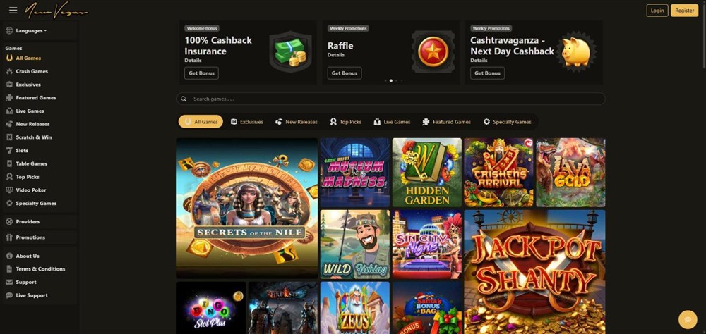 new vegas casino homepage with its promotions and games
