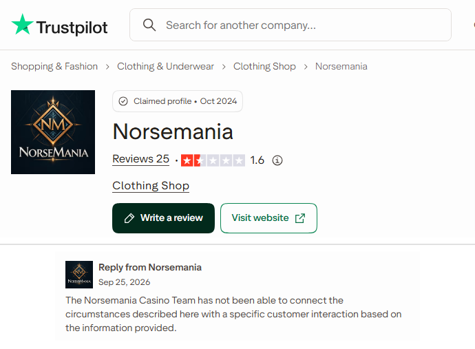 trustpilot profile for a clothing shop now titled norsemania