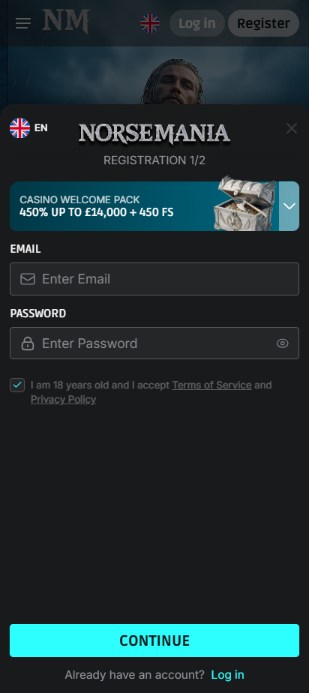 norsemania sign-up form open to a uk visitor