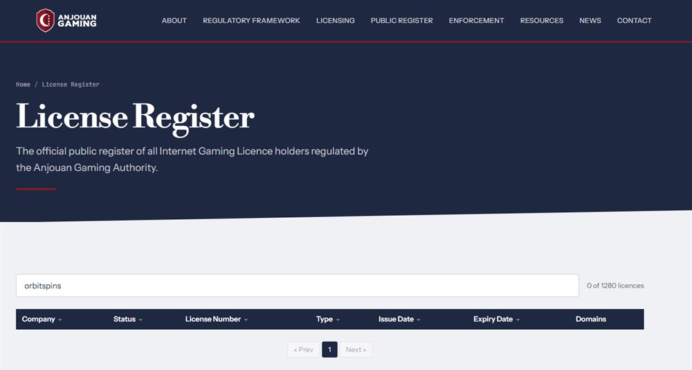 anjouan gaming register search for orbitspins showing no licences