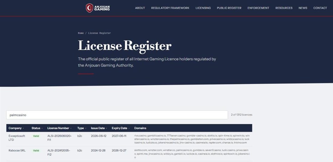 anjouan licence register search for palmcasino showing the rabocse and exceptiosoft licences