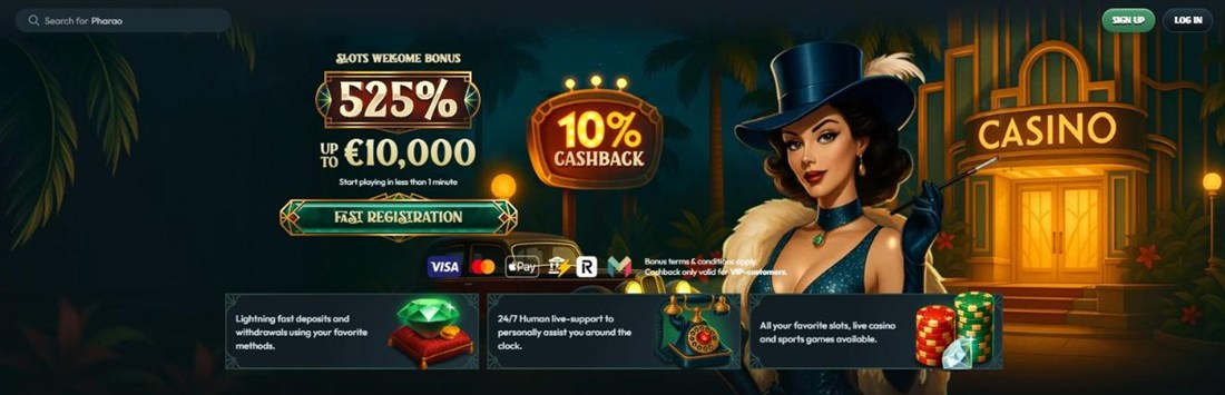 palm casino homepage with a 1920s flapper outside an art deco casino