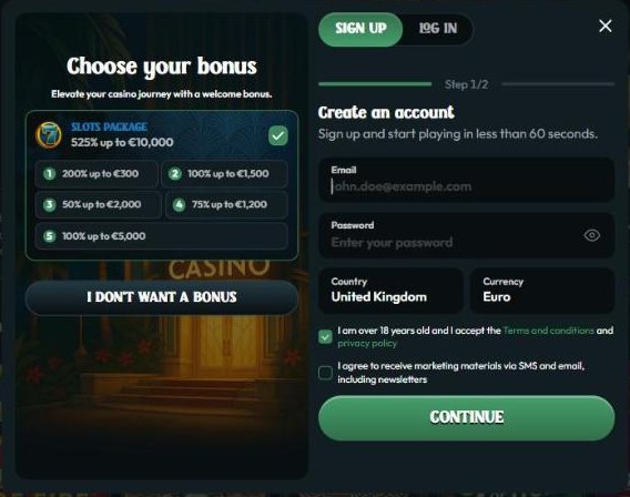palm casino sign-up form with united kingdom pre-selected