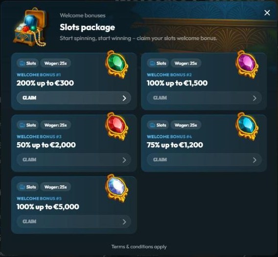 palm casino five-stage welcome package at 25x wagering