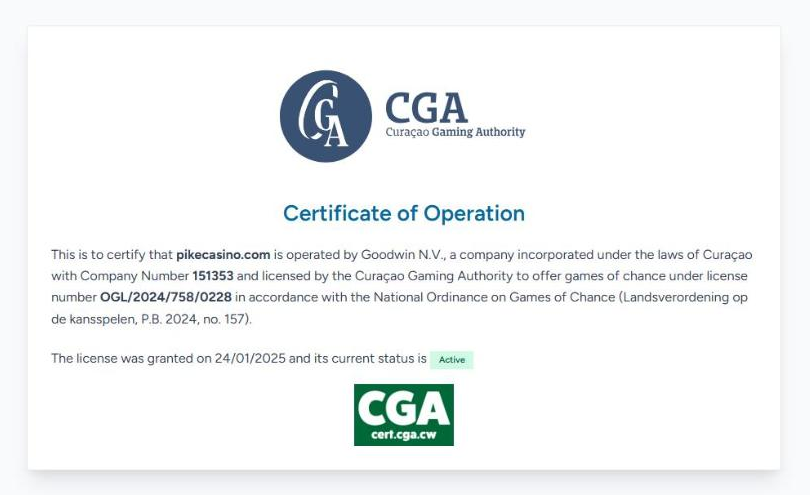 curacao gaming authority certificate naming goodwin n.v. as operator of pikecasino.com