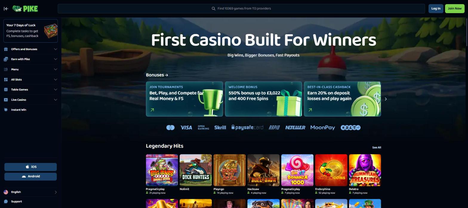 pike casino homepage with a lakeside fishing scene and a rowing boat