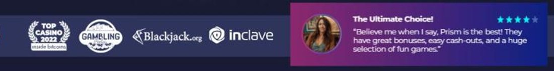 prism casino homepage award badge and easy cash-outs testimonial