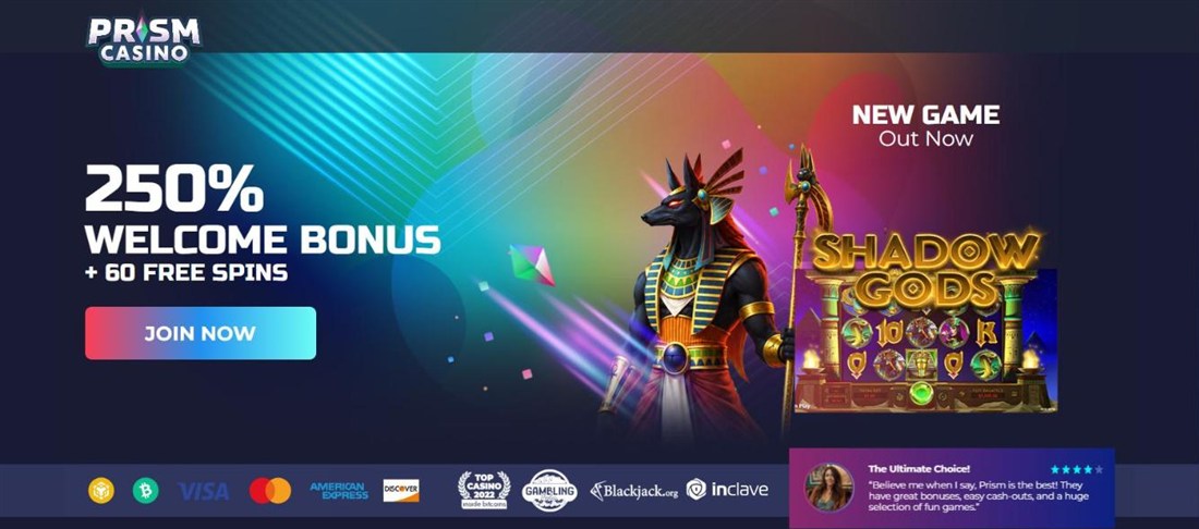 prism casino homepage with rainbow light and a 250 percent welcome bonus