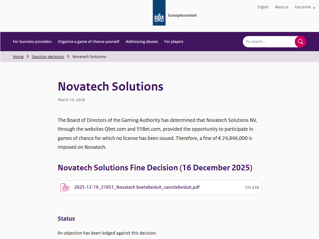 dutch gaming authority notice of the fine on novatech solutions for qbet and 55bet