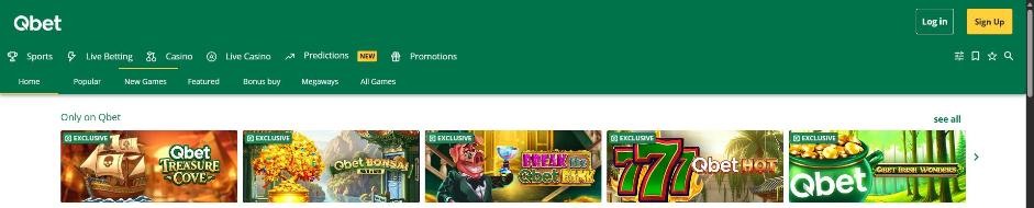 qbet homepage with its only on qbet exclusive games
