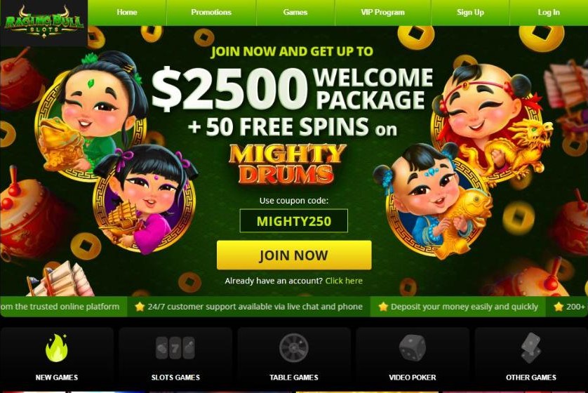 raging bull slots homepage with its green and gold bull logo