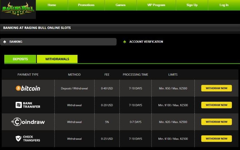 raging bull slots withdrawal methods with fees, times and limits