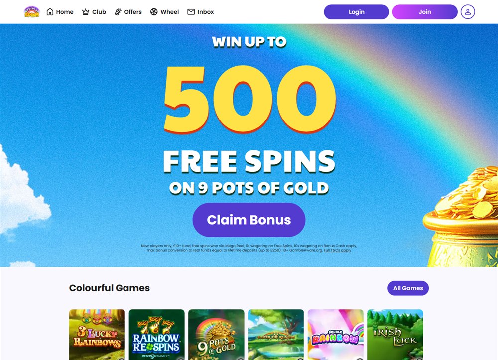 rainbow spins homepage with its pot of gold and colourful games