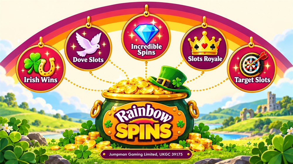 pot of gold diagram of rainbow spins with irish wins, dove slots, incredible spins, slots royale and target slots