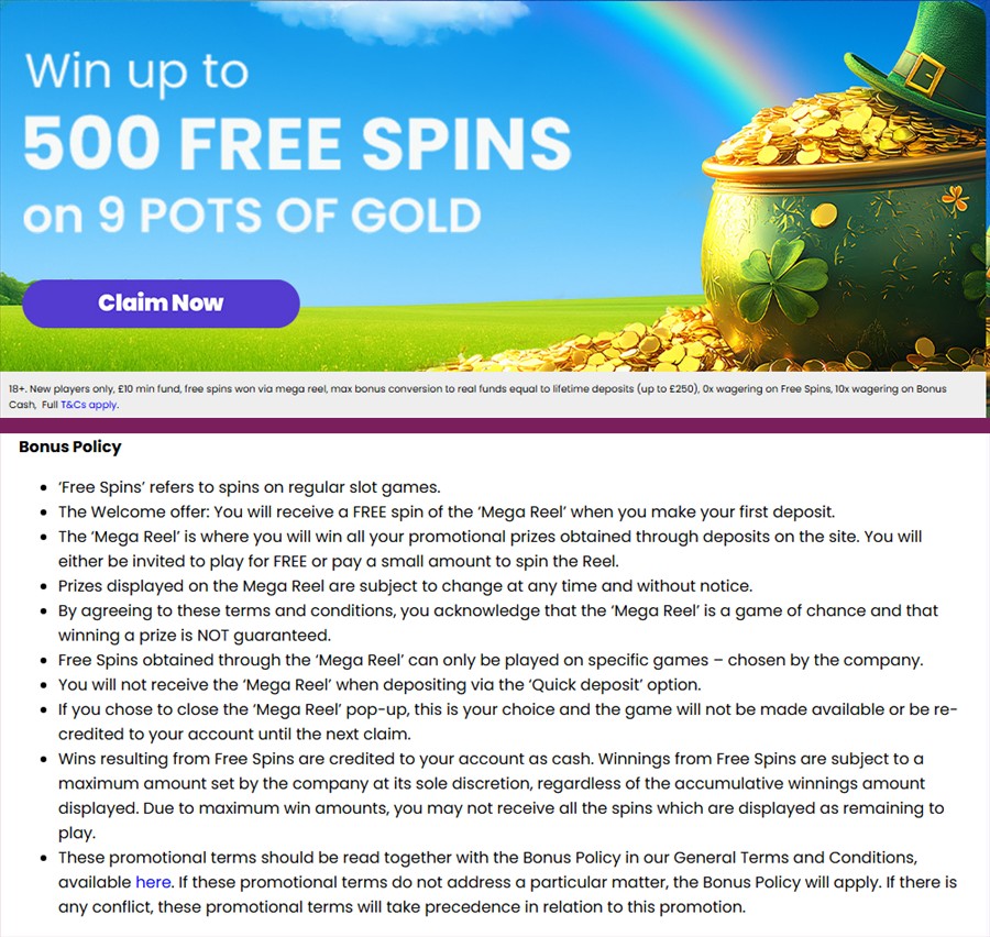 rainbow spins welcome offer terms with free spin winnings paid as cash up to an unstated maximum