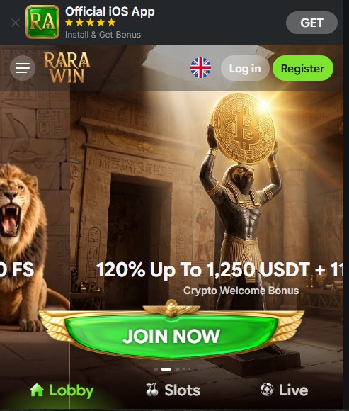 rarawin homepage with an egyptian god statue holding a gold coin