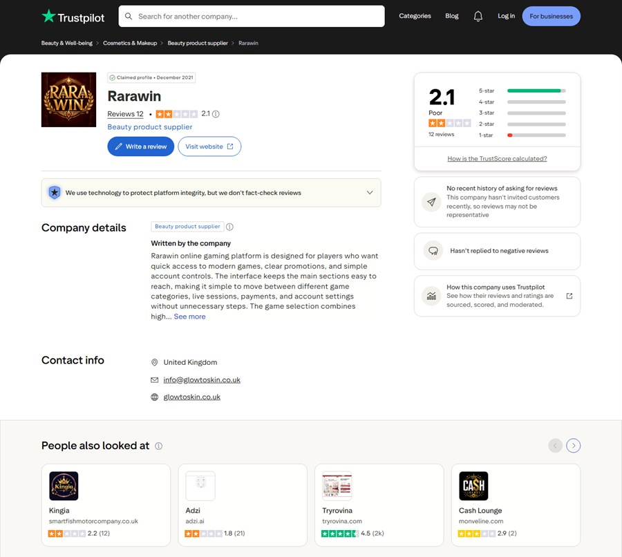 trustpilot profile for a beauty supplier now titled rarawin