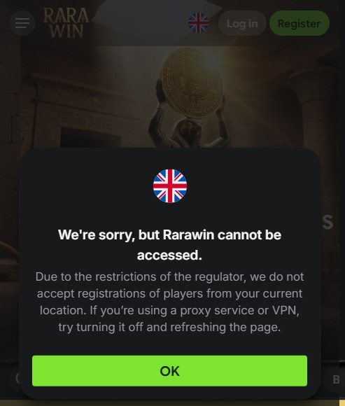 rarawin sign-up message refusing players in the uk