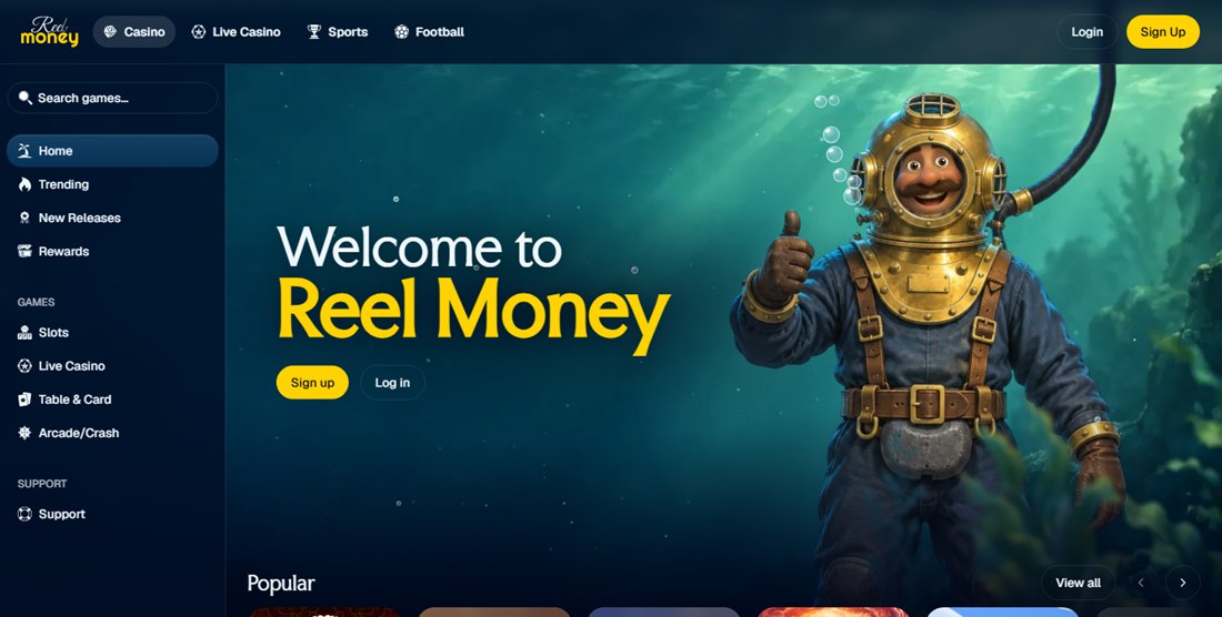 reel money homepage with its deep-sea diver mascot