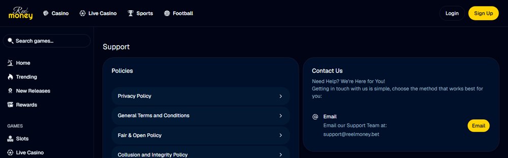 reel money support page with email as the only contact method