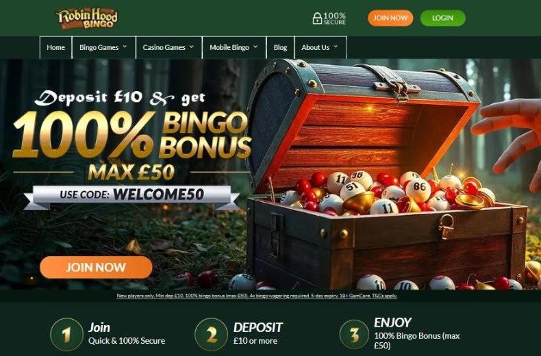 robin hood bingo homepage with a treasure chest of bingo balls in sherwood forest