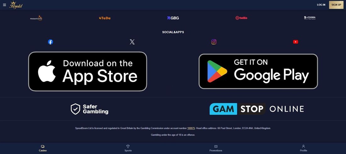 royalol footer with oversized app store badges that do not link anywhere